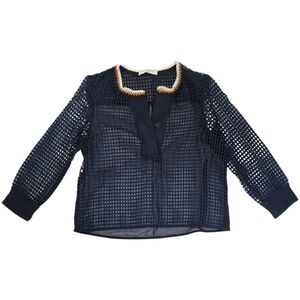 Sandro Navy Blue Sheer Mesh V-neck Top